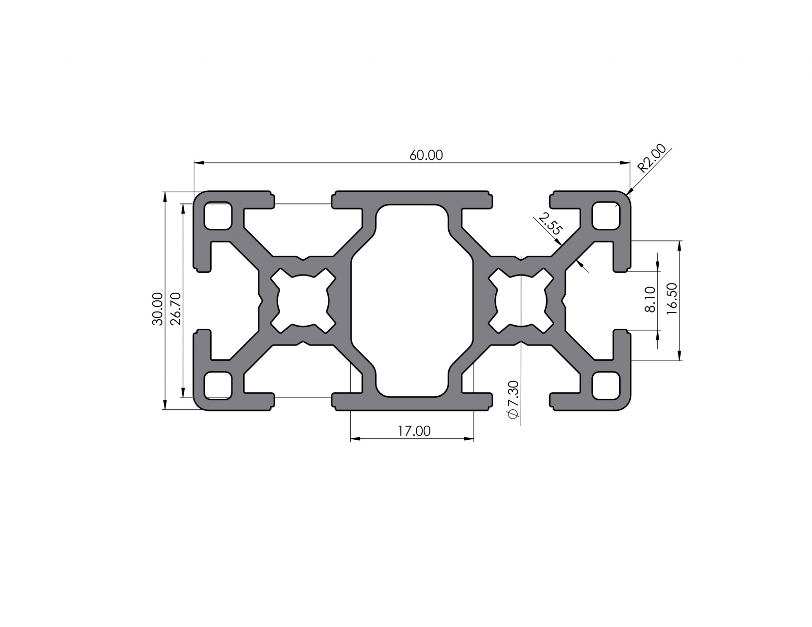 Aluminiumprofil 30x60 Nut 8 B-Typ